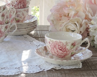 Vintage Johnson Brothers Rose Chintz Tea Cup and Saucer Set, English Ironstone China, Bridesmaid Luncheon, Tea Parties Ca 1930s