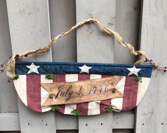 Patriotic Banner , Primitive American Flag Hanger , Primitive Wall Decor , 1776 American Flag Banner