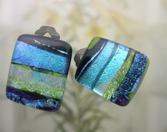 Green Ribbons Clip Earrings, Handmade Fused Glass Jewelry from North Carolina