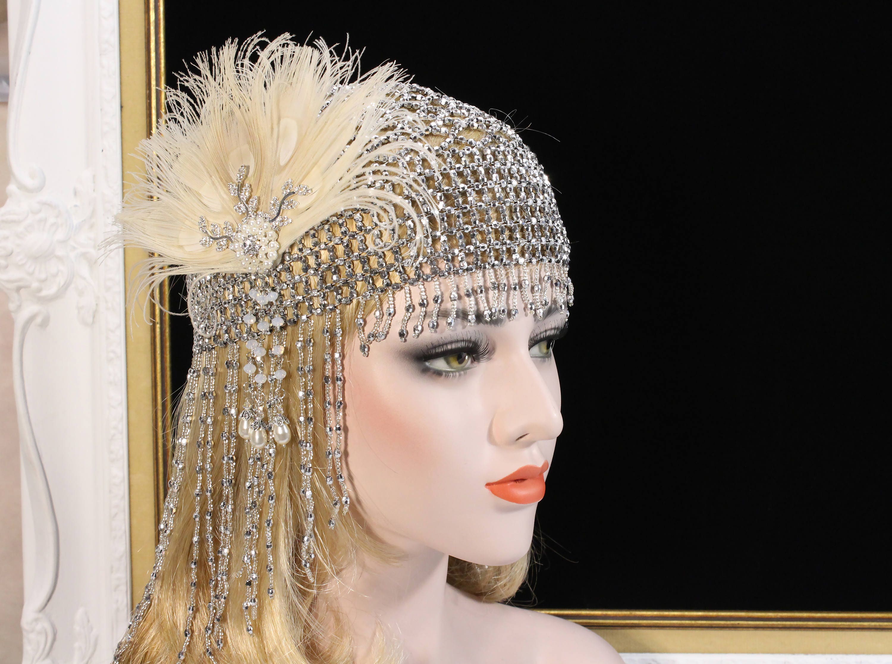 1920s Great Gatsby Headpiece 20s Soiree Flapper Beaded Cap Art