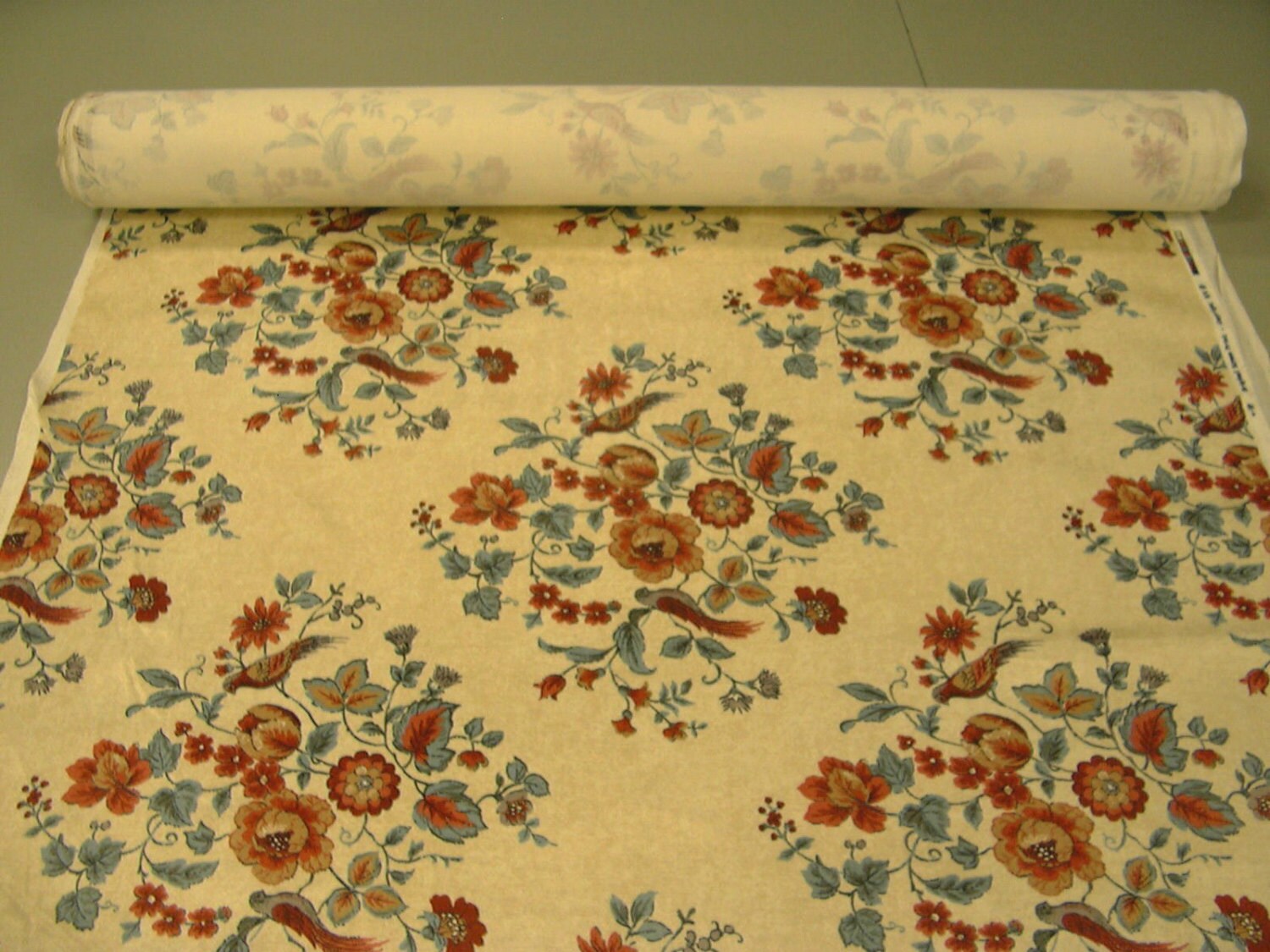 Retro Upholstery fabric cut velvet floral bird design blue rust tan