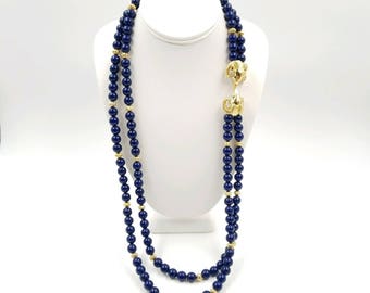 Signed Kenneth Jay Lane for Avon Simulated Lapis Blue Plastic Bead Necklace with Ram's Head Double Clasp, KJL Long Necklace