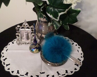 Turquoise color "Fluffy Puffy" Marabou Powder Puff with Silver Plated Handle