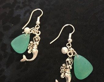 Mermaid Earrings With Aqua Sea Glass Made Of Sterling Silver