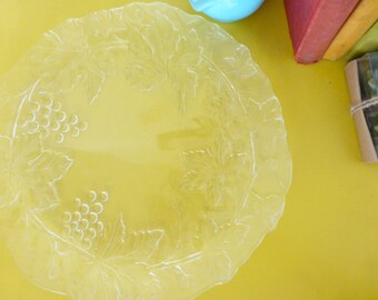 Glass serving platter, unmarked platter, grape leaf pattern, round platter, clear glass, home decor, wedding present, housewares