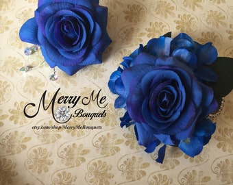 Blue Corsage - Blue Boutonniere - Royal Blue Corsage Set - Royal Blue Boutonniere - Blue Rose Corsage - Blue Rose Boutonniere