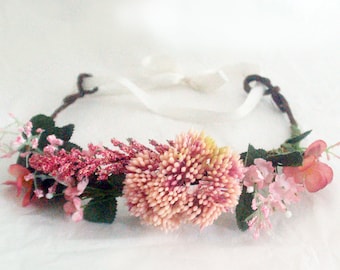Pink flower crown for ceremony, wedding - J&T accessories - Women, bride, bridesmaid or bachlorette party accessory, adjustable