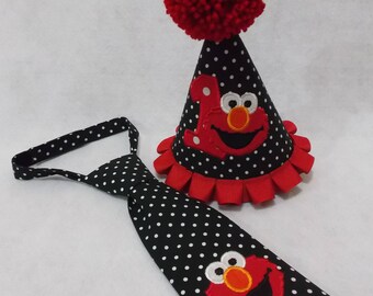 Elmo Birthday party hat and tie set, baby birthday, first birthday, elmo party, baby outfit,