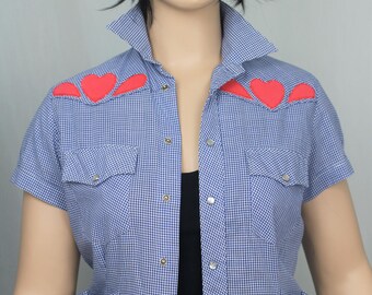 Reworked blue and white gingham top with love heart detail UK14