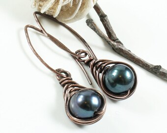 Navy Blue Pearl Earrings, copper wire herringbone wrap, deep blue gemstone, modern artisan earrings, hand-forged, holiday gift for her, 3369