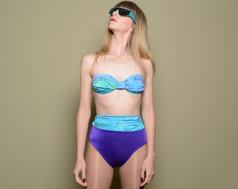 womens two piece swimsuit vintage 80s high waist bikini teal purple gold metallic abstract pattern small 2 4 womens swimwear Jantzen