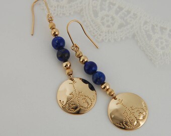 Lapis Earrings Bohemian Earrings Hammered Earrings Gold Earrings Bohemian Jewelry Lapis Jewelry
