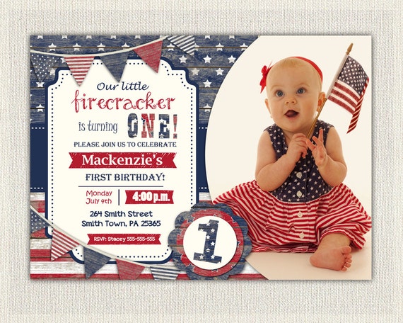 4th july first birthday invitation gender neutral girl boy