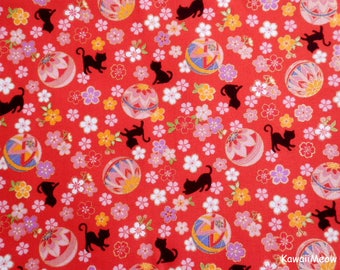 Cute Kimono Fabric - Temari Cats Sakura on Red - Half Yard (nu170419)