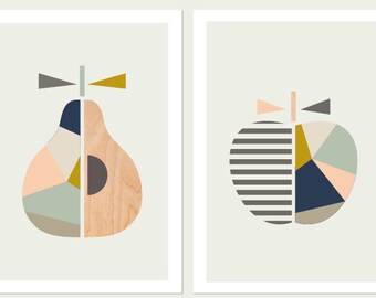Apple Pear Prints,(Pink and blue),Series of Two.Scandinavian Art, Apple print,Pear Print, Modern Nursery Art,Scandi art,Kids art, Apple art.