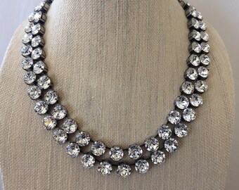 Double Strand Swarovski Crystal Statement Necklace, antique silver settings, Diamond Crystal, wedding necklace, multi strand necklace
