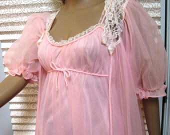 LISETTE Designed by Al Sterling Peignoir Set, Vintage 2-Piece Baby Doll Robe & Nightgown, Ruffles, Sheer Double Nylon, Pink, Feminine!