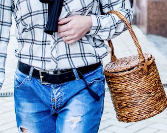 Jane Birkin style basket Round wicker basket with lid and handle Shopping basket Cane basket Vintage basket purse Inspirational women gift