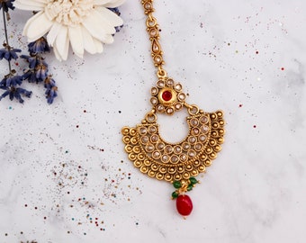 Classic Maang Tikka - Indian Headpiece - Bridal Hair Accessories - GoldTone with Magenta Accents