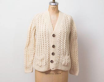 1970s Irish Fisherman's Cardigan / 70s Cream Wool Sweater