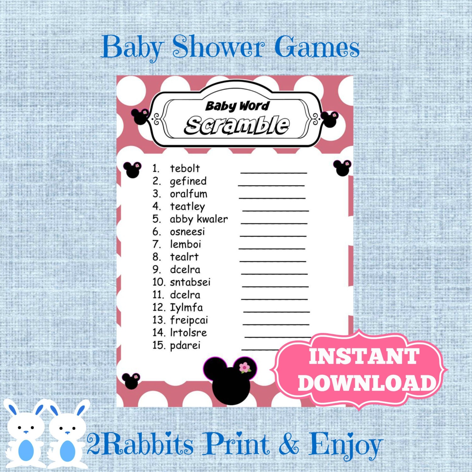 Minnie Mouse Baby Shower Word Scramble With Answers-Disney