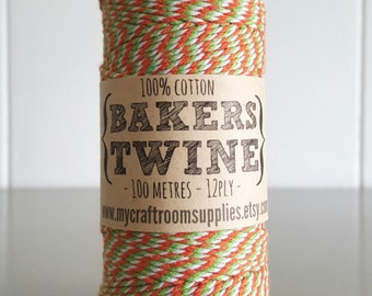 100mt roll 12ply GREEN/ORANGE/White Bakers Twine 100% cotton