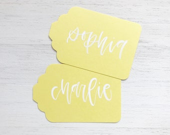 Sunshine Handwritten Gift Tags with White Ink Writing for Wedding or Event // Modern Calligraphy Favors, Handwritten Tags, Yellow Wedding
