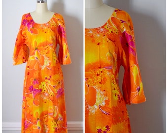 Vintage Dress / 60s Dress / Vintage 60s Dress / 70s Dress / 70s Maxi Dress / Maxi Dress / Mod / Neon / Floral Maxi Dress / Floral / Small