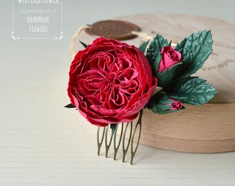 Rose Burgundy Wedding Hair comb Deep pink rose Hair accessories Boho Wedding hair accessory Gift for her Vintage style Burgundy Flower comb
