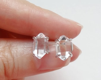 AAA Herkimer Diamond Double Terminated Point Clawed Stud Earrings Sterling Silver Posts One Pair G6310