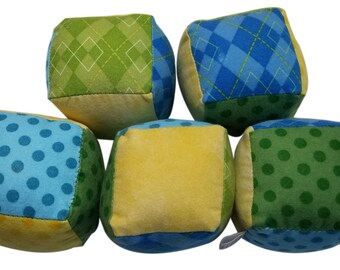Soft Flannel Baby Blocks in Blue, Green and Yellow Polka Dots
