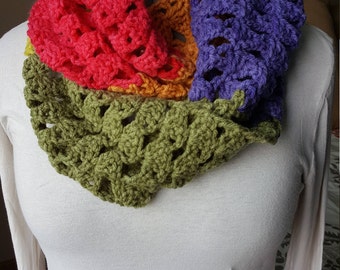 Handmade crocheted infinity scarf in bright colors