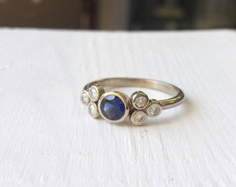 Blue Sapphire and Moissanite Modern Engagement Ring - 14k White Gold - Lab Created Sapphire - Diamond Alternative