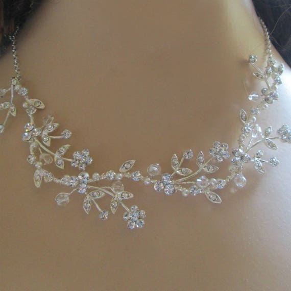Wedding necklace Crystal Pearl Vine Necklace silver wire