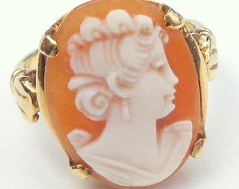 Sz 5, Vintage Cameo Ring, 14k Solid Gold Ring, Hand Carved Conch Shell Cameo Ring, 1920's Art Deco