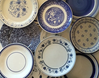 Blue White Salad Plates Mismatched - Stripe Floral Spatter Asian Indigo Sky Ocean Blue - Wedding Shower Country Cottage Farmhouse Decor