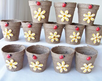 12 Mini yellow daisy ladybug favour pots - party favours - garden party peat pots - ladybug favours - flower yellow daisy favours