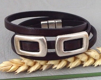 3 leather bracelet Brown rounds with beads and clasp silver plated rock