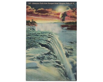 Niagara Falls New York vintage linen postcard | Prospect Point, American Falls, Niagara River | 1940s NY travel decor, waterfall sunset