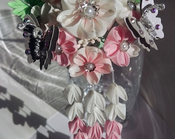 April - Large Cherry Blossom and Silver Butterfly Kanzashi Hair Fork
