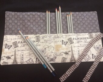 Parisian fabric Colored Pencil Holder, Roll-up Pencil Case,