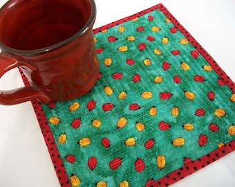 Ladybug Mug Rug Coaster Reversible Quiltsy Team Handmade Quilted Teal Red