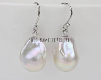 Large baroque pearl earrings,big jumbo flameball pearl earrings,sterling silver white pearl earrings,huge fireball pearl earings,mother gift