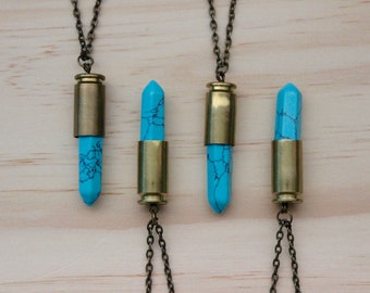Turquoise Stone Bullet Casing Pendant Necklace, choose your own necklace length.