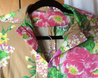 70s SHIRT SKIRT OUTFIT, floral, poly, vintage, retro, mid century clothing
