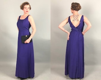 Vintage 1960s Dress | 60s Royal Purple Floor Length Evening Gown with Low Back and Sequin Trim | Medium Large