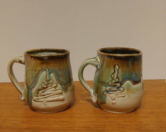Vintage Pair Handmade Studio Pottery Stoneware Mugs Set of 2 Tree Design