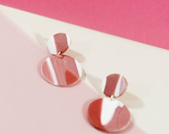 Polymer Clay Statement Earrings / Drop Circle / Handmade / Rose Gold / Brass