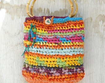 Colorful crocheted purse with bamboo handles, Joyful summer handbag with wooden beads and a button