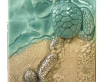 Ceramic art tiles, Baby sea turtle triptych, 3 x 18 inches